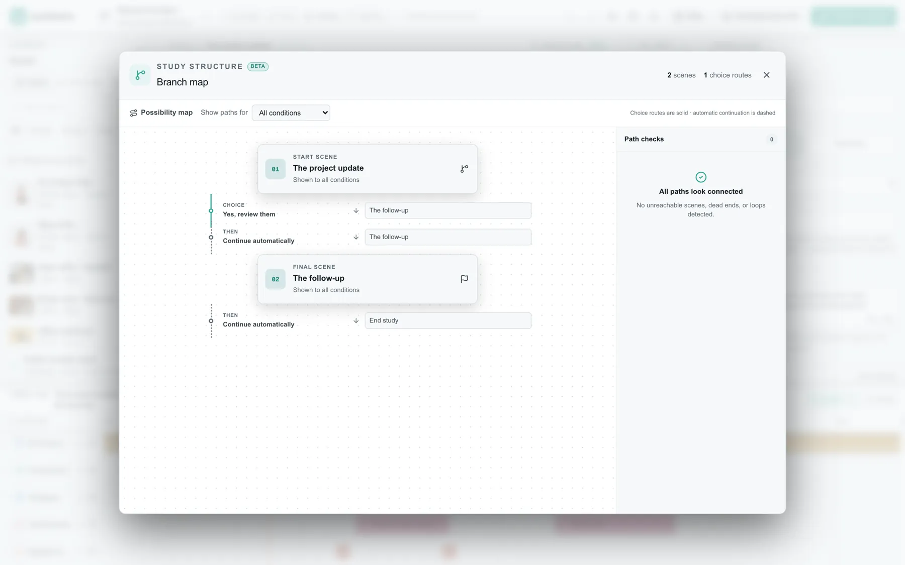 The Workframe branch map with connected scenes and the beta Path checks panel.