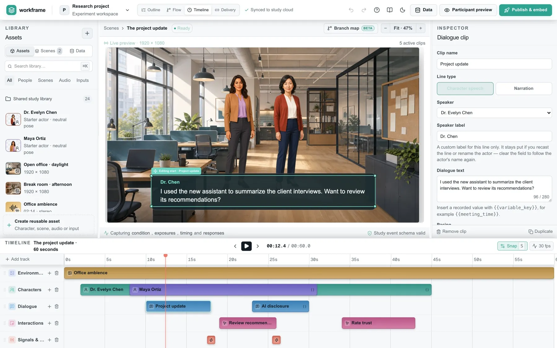 Workframe’s visual editor with the participant scene above five timeline tracks.